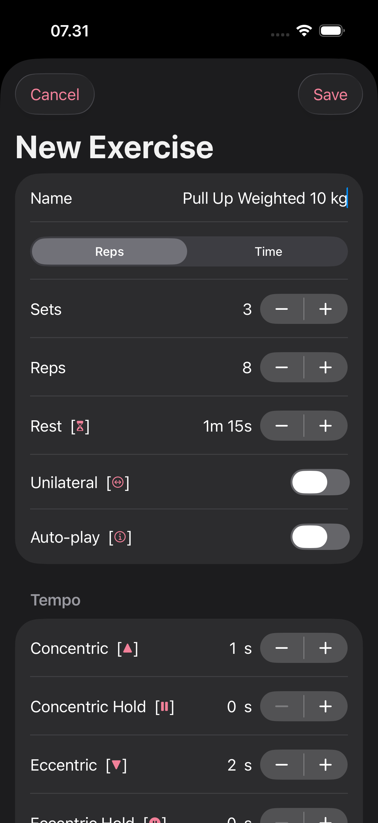New Exercise: reps or time, sets, rest, unilateral and tempo