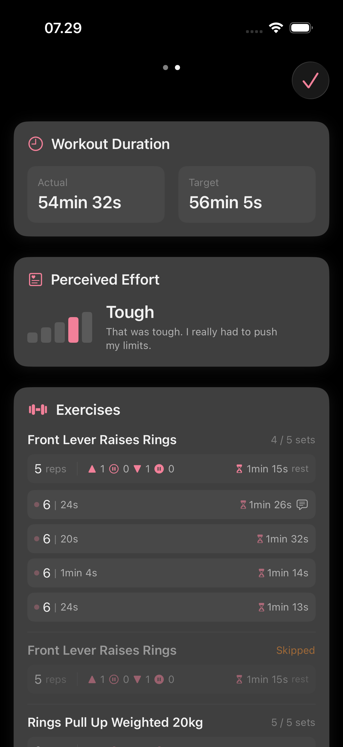 Workout summary: duration, how it felt, every set