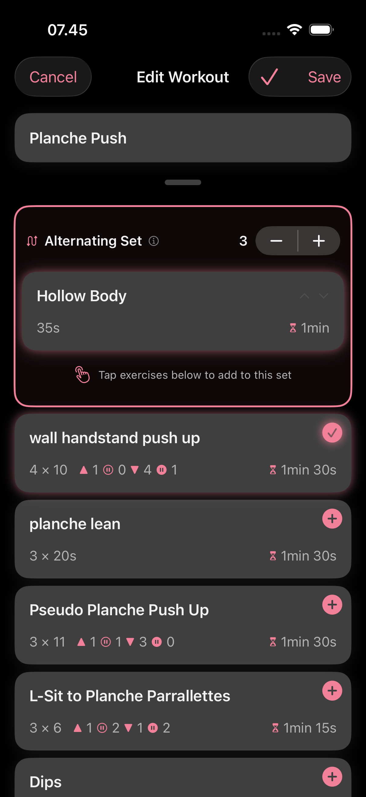 Edit Workout: exercises grouped into an alternating set
