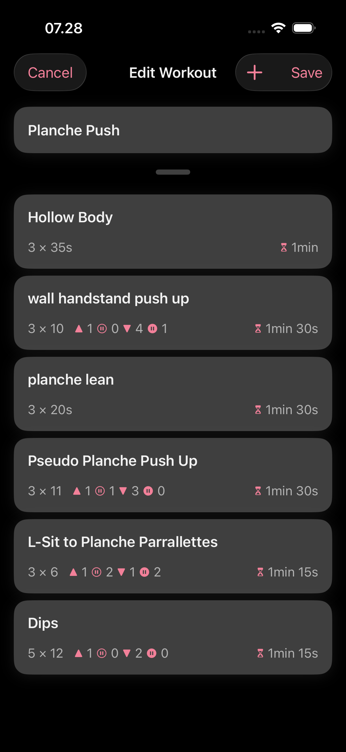 Building a workout: exercises with sets, targets and rest