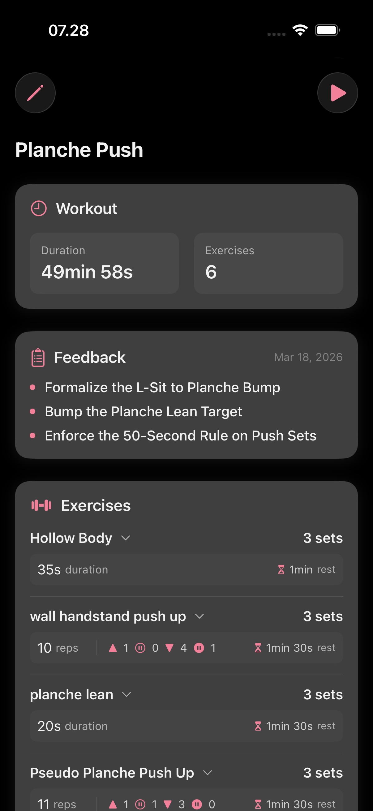 A past workout with its exercises and feedback